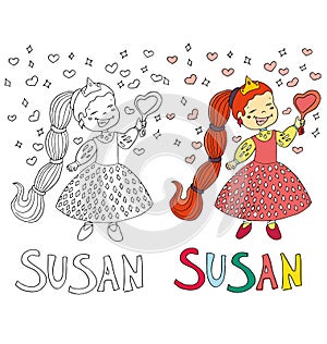 The simple drawing cartoon for coloring image of children with different names in the compatibility with the character