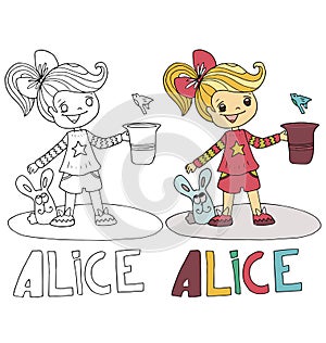 The simple drawing cartoon for coloring image of children with different names in the compatibility with the character