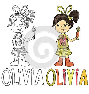 The simple drawing cartoon for coloring image of children with different names in the compatibility with the character