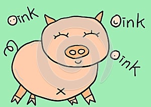 A simple drawing sketch of a light orange piglet oink against a light green backdrop