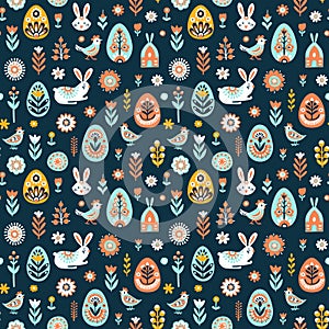 Simple Easter Scandinavian seamless pattern with bunny, eggs and flowers