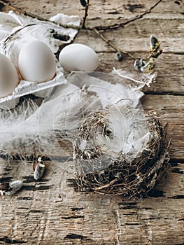 Simple Easter still life. Bird nest, natural easter eggs, feathers, pussy willow on rustic aged wood