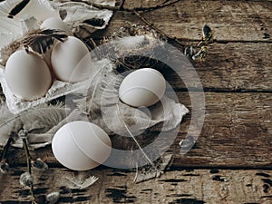 Simple Easter still life. Natural eggs, feathers, pussy willow, nest on rustic aged wooden table