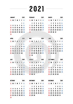 Simple editable vector calendar for year 2021. Week starts from Sunday. Vertical.