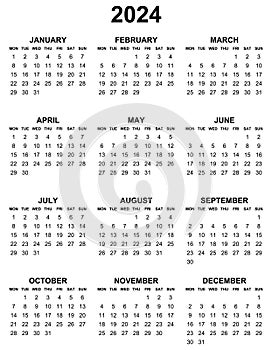 Simple editable vector calendar for year 2024 mondays first, sundays on black, easy to edit and use