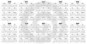 Simple editable vector calendars for year 2020 2021 2022 2023 2024 2025 2026 2027 2028 2029 mondays  first