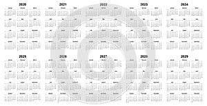 Simple editable vector calendars for year 2020 2021 2022 2023 2024 2025 2026 2027 2028 2029 mondays  first photo