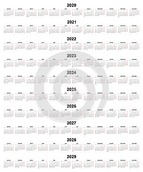 Simple editable vector calendars for year 2020 2021 2022 2023 2024 2025 2026 2027 2028 2029 mondays  first, sundays in red photo