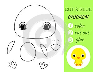 Simple educational game coloring page cut and glue sitting baby chicken for kids. Educational paper game for preschool children.