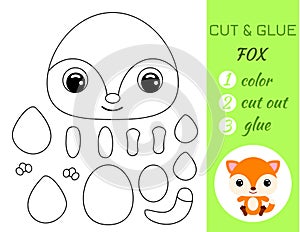 Simple educational game coloring page cut and glue sitting baby fox for kids. Educational paper game for preschool children. Color