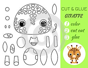 Simple educational game coloring page cut and glue sitting baby giraffe for kids. Educational paper game for preschool children.