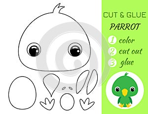 Simple educational game coloring page cut and glue sitting baby parrot for kids. Educational paper game for preschool children.