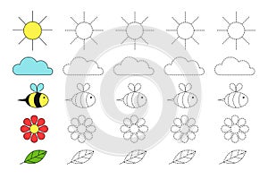 Simple educational game with sun, cloud, bee, flower and leaf for children