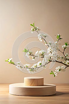 Geometric empty podium wooden platform stand for product presentation and spring flowering tree branch with white flowers on photo