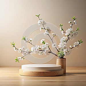 Geometric empty podium wooden platform stand for product presentation and spring flowering tree branch with white flowers on photo