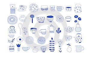 Simple, elegant and stylish collection of modern hand drawn kitchenware, japanese ceramics, logos and illustrations