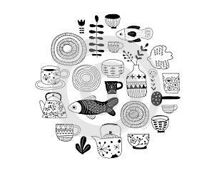 Simple, elegant and stylish collection of modern hand drawn kitchenware, japanese ceramics, logos and illustrations