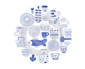 Simple, elegant and stylish collection of modern hand drawn kitchenware, japanese ceramics, logos and illustrations