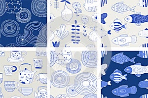 Simple, elegant and stylish collection of modern hand drawn kitchenware, japanese ceramics, seamless patterns