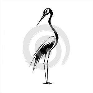 Elegant stylized black and white vector illustration of a standing crane bird