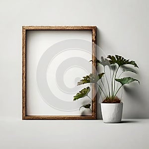 Simple and Elegant: Wooden Picture Frame Mockup on White Wall for Your Design AI Generated