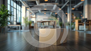 A simple empty box placed in front of a modern office background, symbolizing packaging, shipping