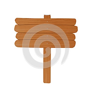 Simple empty wooden billboard made of rough planks and stick nailed together. Signpost or signboard isolated on white