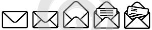 Simple envelope sign, closed, opened and with document version. Can be used as mail / email icon