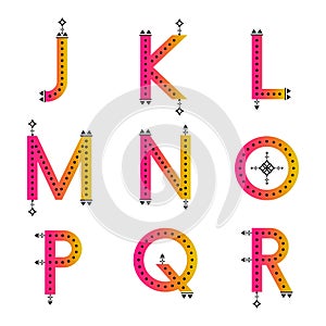 Simple ethnic style letters. Bright gradient ABC collection. Aztec pattern black dotted alphabets. Isolated vector characters font