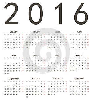 Simple european square calendar 2016