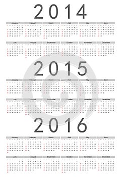 European 2014, 2015, 2016 year vector calendar