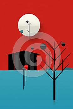 Simple flat Bauhaus illustration of a secluded little house. The moon above a barn in a minimalist geometric landscape of contrast