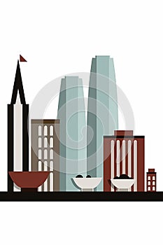 Simple flat Bauhaus illustration of several governmental buildings with a flag. Minimalist geometric cityscape of contrast colors