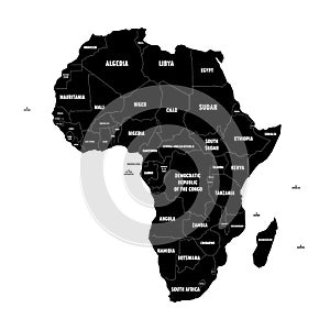 Simple flat black map of Africa continent with national borders and country name labels on white background. Vector