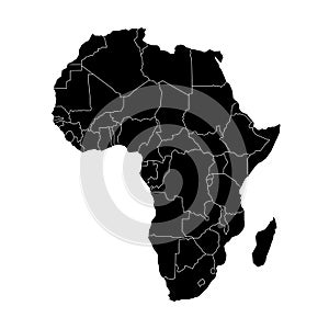 Simple flat black map of Africa continent with national borders isolated on white background. Vector illustration