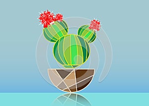 Simple flat cactus vector icon. Green blossoming cactus with red flowers pictogram isolated