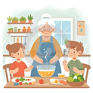 simple flat design of Grandmother teaching her grandchildren how make family meals