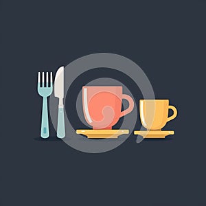 Simple Flat Design of Utensils and Cups on Dark Background