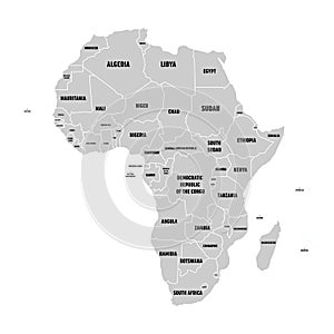 Simple flat grey map of Africa continent with national borders and country name labels on white background. Vector