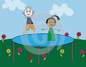 Simple flat illustrated kids jumping on outdoor large trampoline