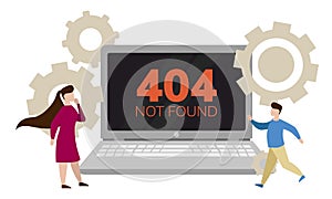 Simple flat illustration of a laptop. Failure, broken computer. Error 404 on the screen