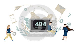 Simple flat illustration of a laptop. Failure, broken computer. Error 404 on the screen