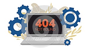 Simple flat illustration of a laptop. Failure, broken computer. Error 404 on the screen