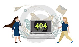 Simple flat illustration of a laptop. Failure, broken computer. Error 404 on the screen