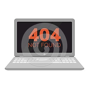 Simple flat illustration of a laptop. Failure, broken computer. Error 404 on the screen