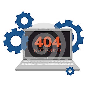 Simple flat illustration of a laptop. Failure, broken computer. Error 404 on the screen