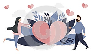 A simple, flat illustration of a postcard for Valentine`s Day. Tiny people, the concept of love