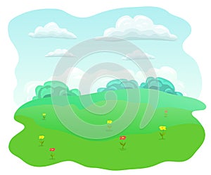 Simple flat meadow. Summer field with red and yellow flowers. blue sky, white clouds, green grass happy summer day