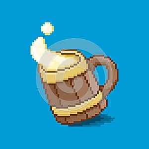 Simple flat pixel art illustration of cartoon hand drawn wooden mug with splashing beer