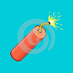 Simple flat pixel art illustration of cartoon red burning stick of dynamite or firecracker